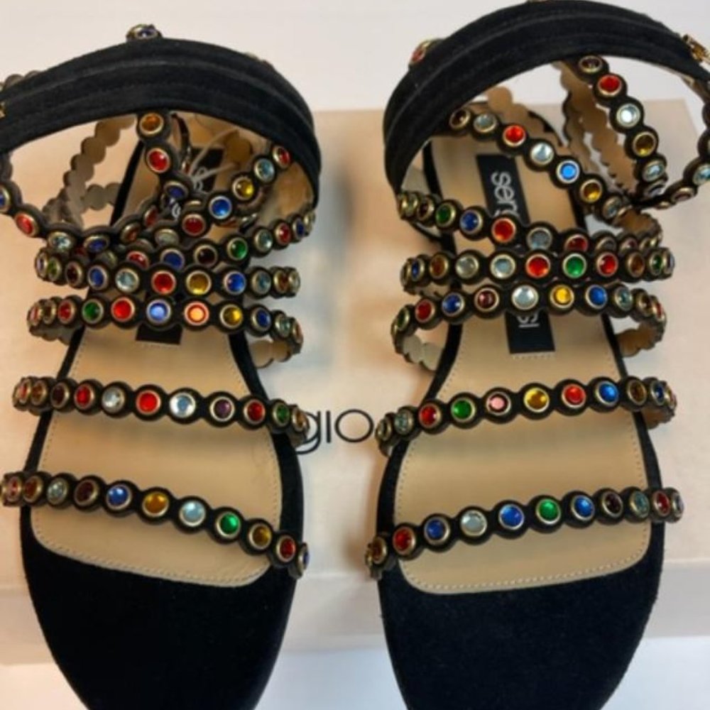 SERGIO ROSSI GLADIATOR SANDALS ADORNED WITH GLASS STONES SIZE 36/ 6 - Picture 1 of 8